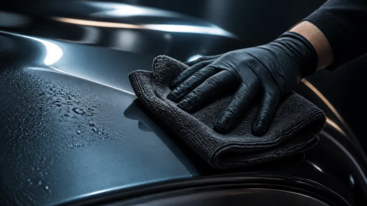 Detailer kuivatab auto keret mikrokiudlapiga.